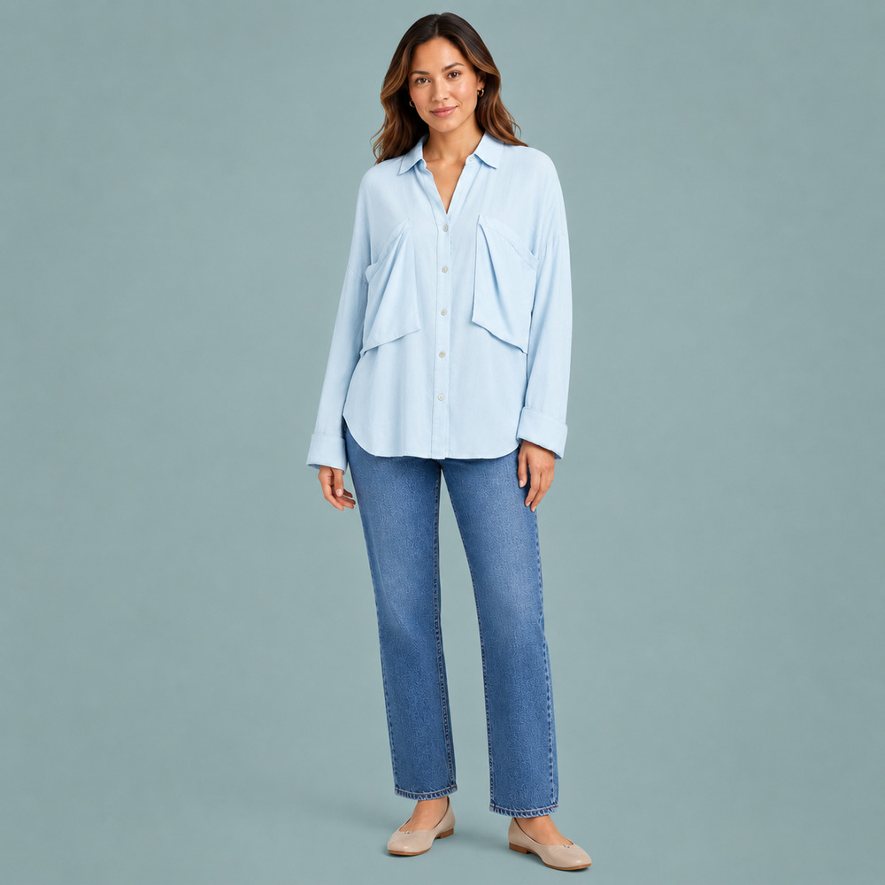 Magaschoni Size Large L Light Blue Solid Oversized Button Front 100% Linen Shirt
